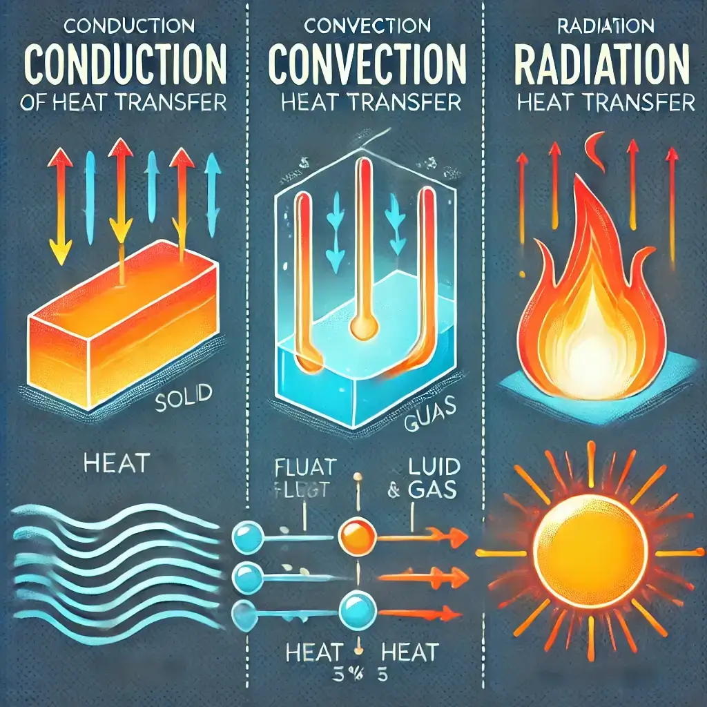 Illustration of the three fundamental laws of heat transfer: conduction represented by heat traveling through a solid bar, convection showing heat transfer via fluid flow in a liquid or gas, and radiation depicted as heat waves emitting from a glowing sun.