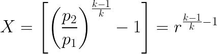 Equation for calculating the X factor with a specific heat ratio 
𝑘
=
1.395
k=1.395, showing the relationship between pressure ratio and the heat capacity ratio in determining the performance or efficiency of a thermodynamic process.