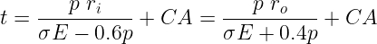 Equation for calculating the thickness of a pipe subjected to internal pressure, used in engineering to ensure the pipe can withstand the given pressure without failure.