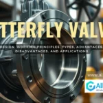 Illustration of a butterfly valve with key components such as the disc, stem, and actuator, used in industrial piping systems for flow control and isolation.