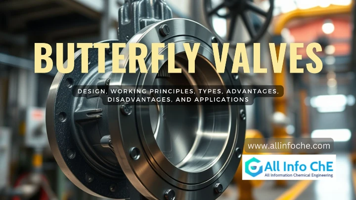 Illustration of a butterfly valve with key components such as the disc, stem, and actuator, used in industrial piping systems for flow control and isolation.