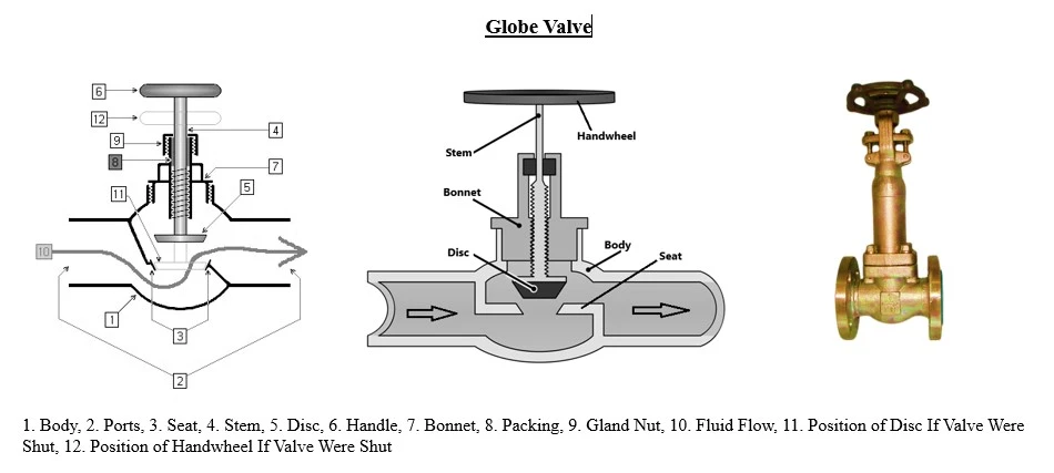 Illustration of a globe valves showing its spherical body, internal structure with a movable disk, and seating arrangement designed to regulate flow in pipelines.