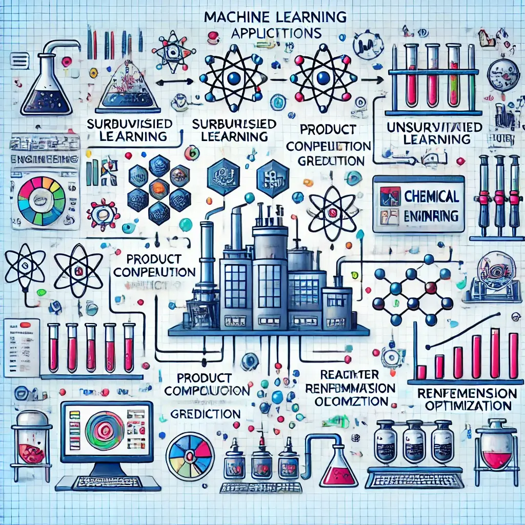 image of machine learning in chemical engineering, showing reactors, pipes, and data flows for supervised, unsupervised, and reinforcement learning in a modern lab